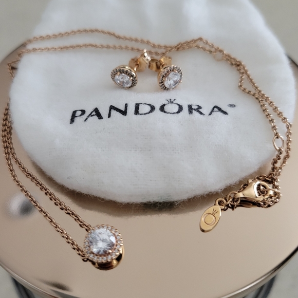 Pandora Round Sparkle Rose Gold Earings and Necklace set - Picture 2 of 2